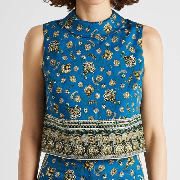 Veronica Beard Sylvana Blue Paisley Top Crop Cotton Blend Shell Button Back NWT - Picture 1 of 7